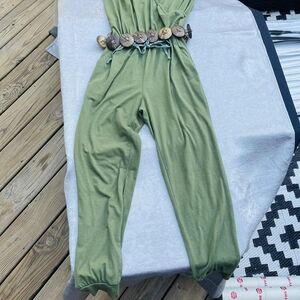 Elegant Olive Jumpsuit with Statement Belt & Matching Jewelry Sets